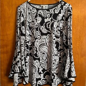 Chaus Black and White Paisley Blouse Bell Sleeves